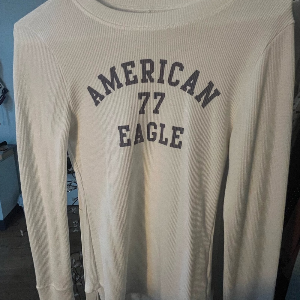 American Eagle Outfitters Cream Waffle-Knit Long Sleeve Top with '77' Graphic